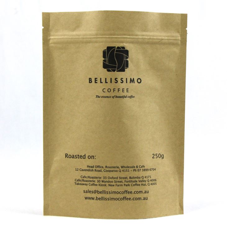 250 ग्राम जिपर के साथ कॉफी बैग खड़े हो जाओ