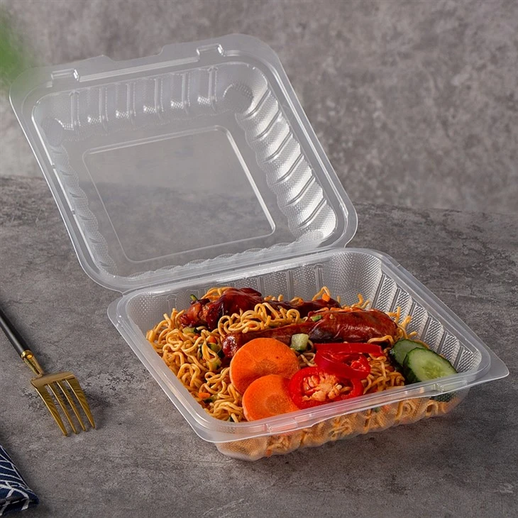 प्लास्टिक पीपी स्पष्ट क्लैमशेल Takeaway बक्से 8 "x8" 1 कंपार्टमेंट पारदर्शी हिंग ढक्कन जाने के लिए खाद्य टेकआउट कंटेनरों जाओ